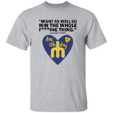 Gray t-shirt with graphic design and text on a white background