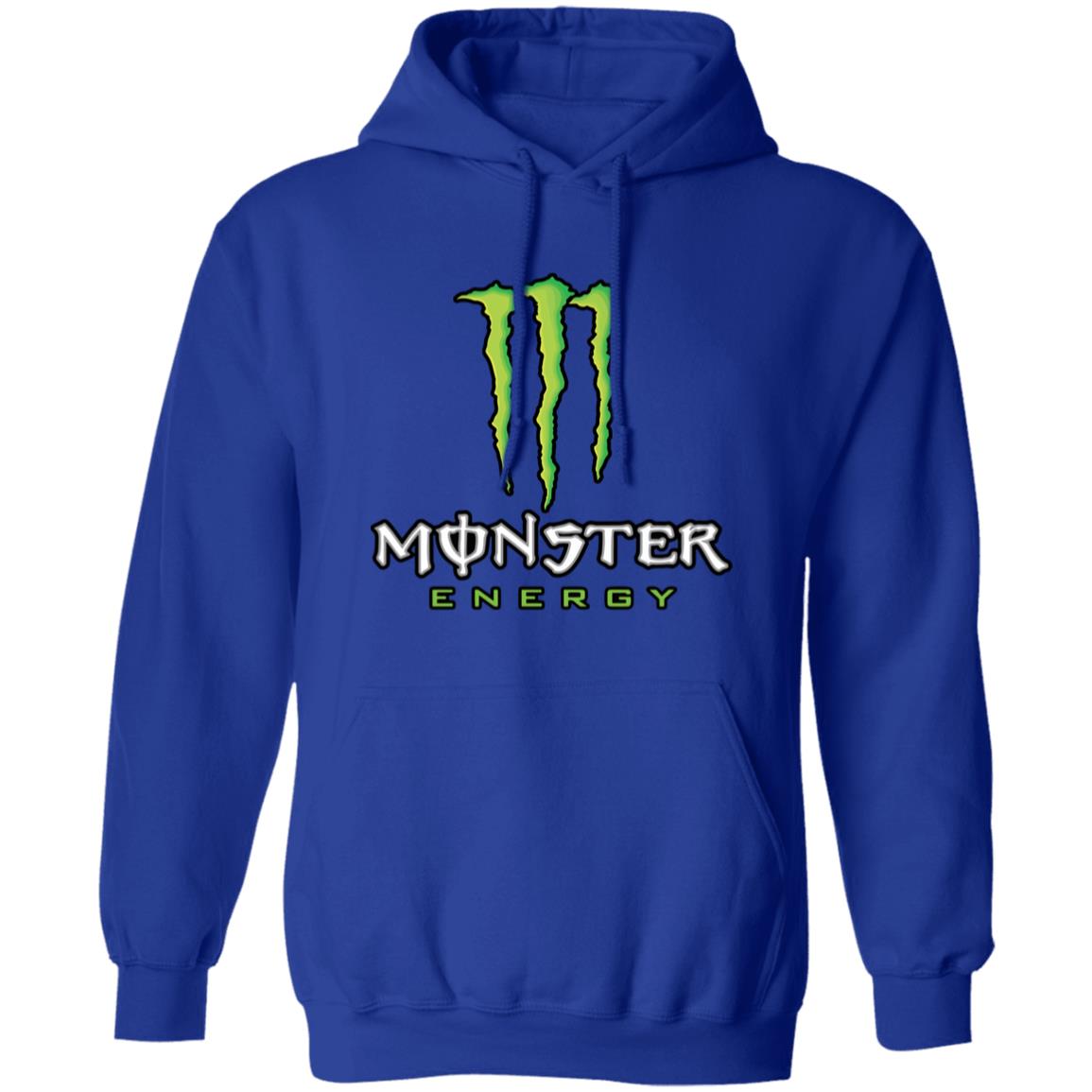 Blue hoodie with Monster Energy logo on a white background