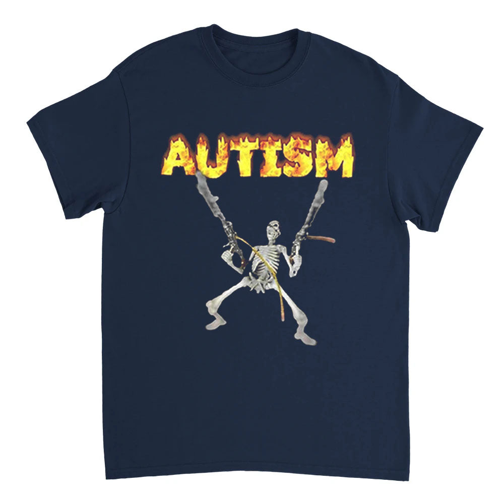 Navy blue t-shirt with a skeleton and 'AUTISM' in flames design on a white background
