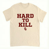 Beige t-shirt with 'Hard to Kill' text in red on a white background