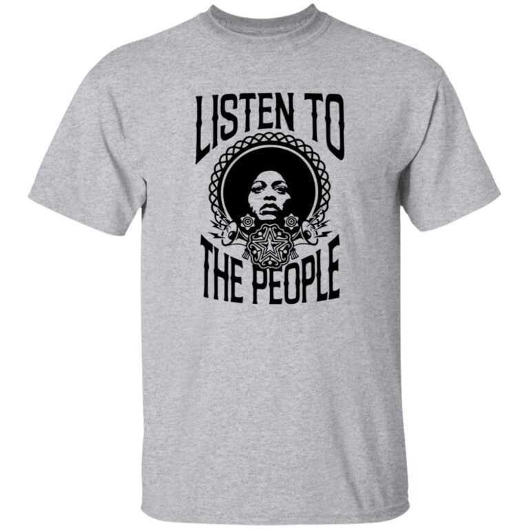 Gray t-shirt with 'Listen to the People' text and graphic on a white background