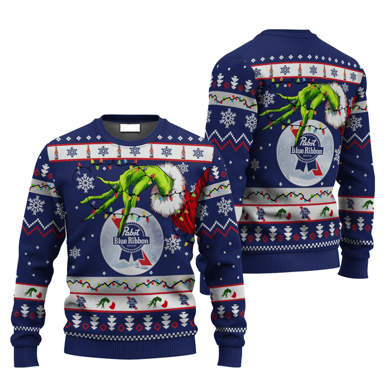 Pabst Blue Ribbon Grinch Hand Stock Ugly Sweater
