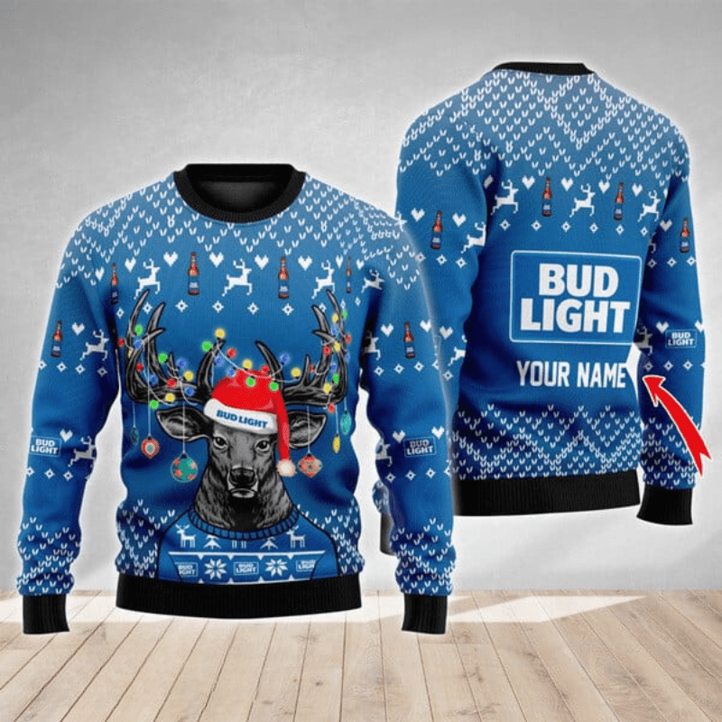 Personalized Bud Light Christmas Reindeer String Lights Ugly Sweater