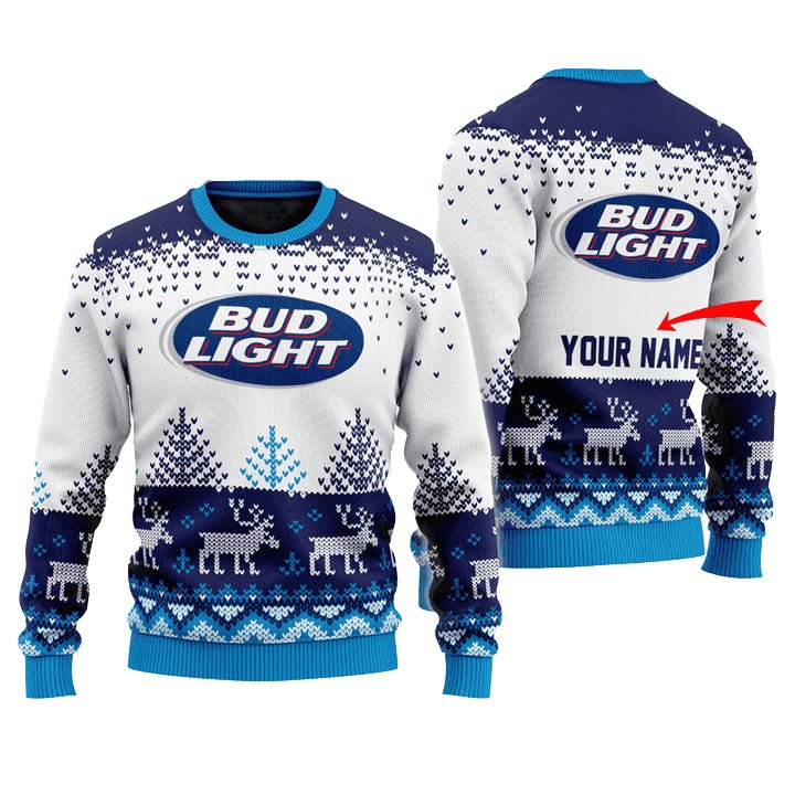 Personalized Bud Light Reindeer Christmas Ugly Sweater