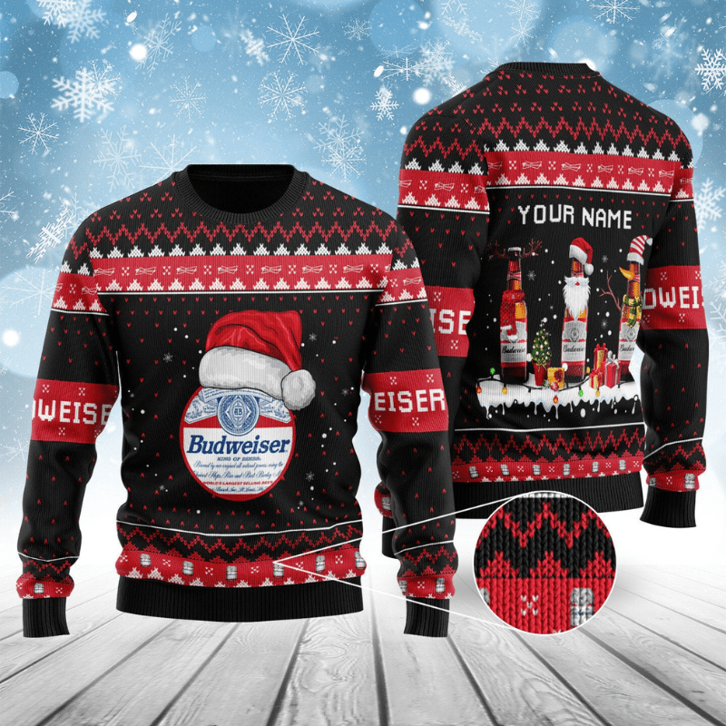 Personalized Budweiser Bottle Santa Ugly Sweater