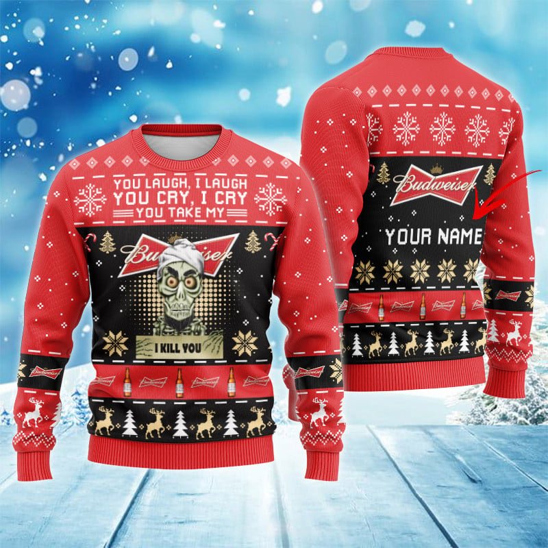 Personalized Budweiser Funny Skeleton Ugly Sweater