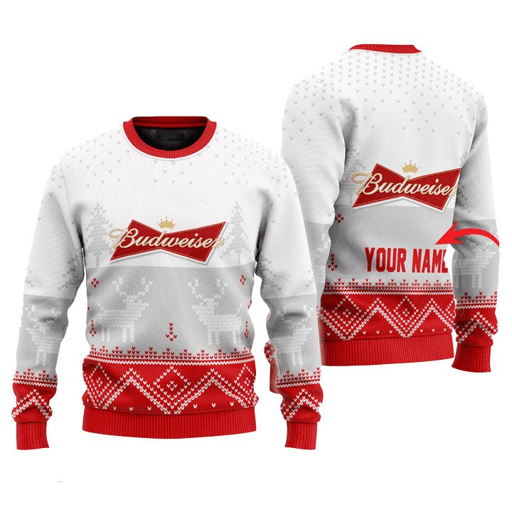 Personalized Budweiser Winter Reindeer Ugly Sweater