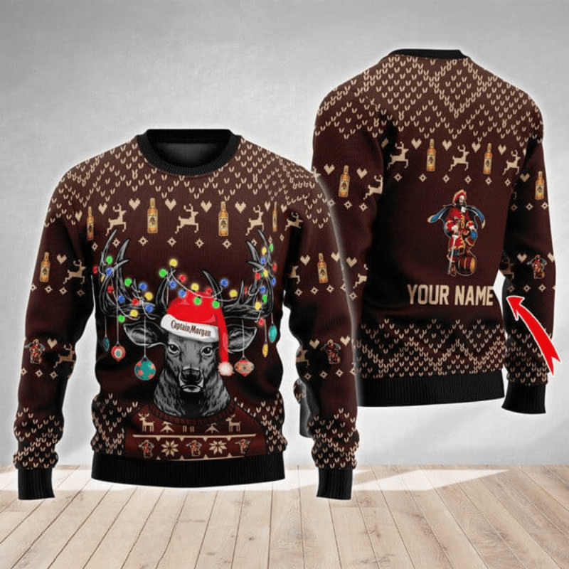 Personalized Captain Morgan Christmas Reindeer String Lights Ugly Sweater