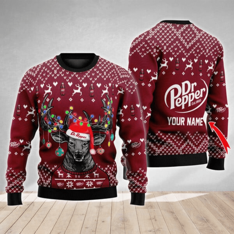 Personalized Dr Pepper Christmas Reindeer String Lights Ugly Sweater