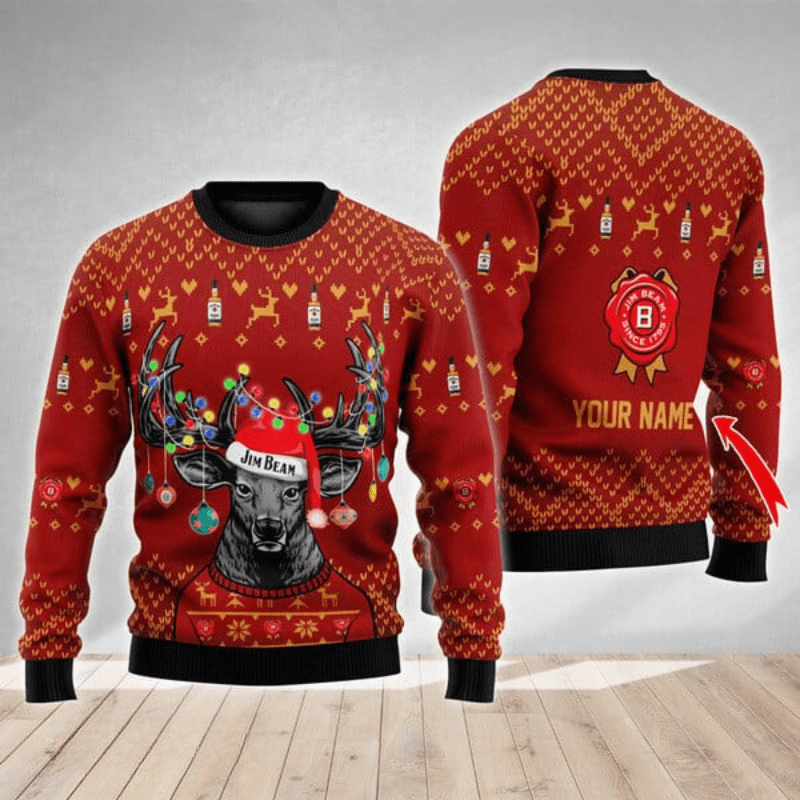Personalized Jim Beam Christmas Reindeer String Lights Ugly Sweater