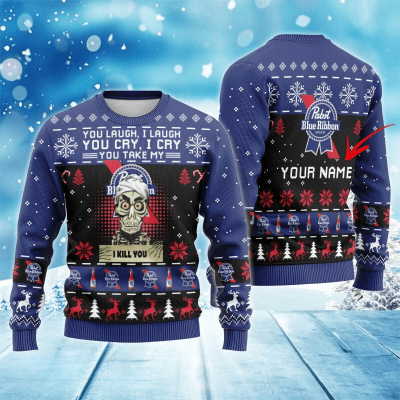 Personalized Pabst Blue Ribbon Funny Skeleton Ugly Sweater