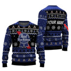 Personalized Pabst Blue Ribbon Pine Tree Snowing Christmas Ugly Sweater