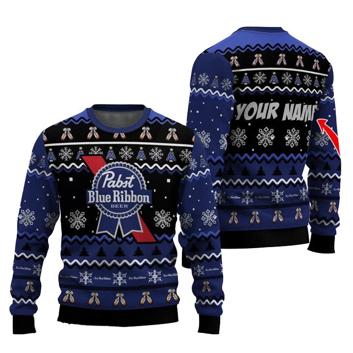 Personalized Pabst Blue Ribbon Pine Tree Snowing Christmas Ugly Sweater