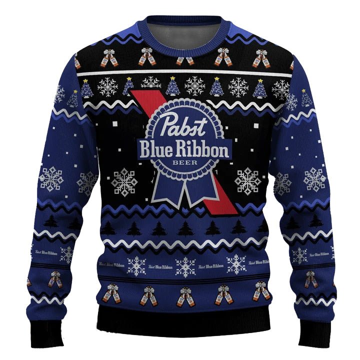 Personalized Pabst Blue Ribbon Pine Tree Snowing Christmas Ugly Sweater