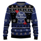 Personalized Pabst Blue Ribbon Pine Tree Snowing Christmas Ugly Sweater