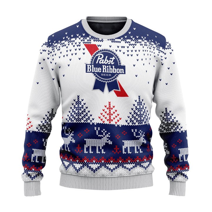 Personalized Pabst Blue Ribbon Reindeer Christmas Ugly Sweater