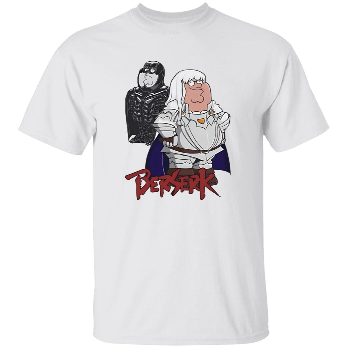 White t-shirt with 'Berserk' graphic design featuring two characters on a white background