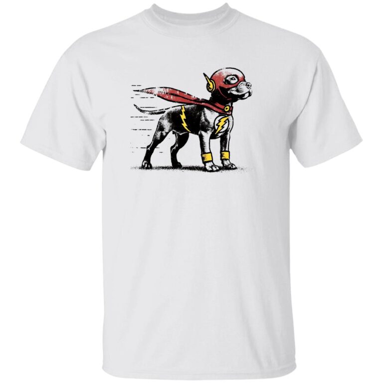 White t-shirt with a dog dressed as The Flash graphic design on a white background
