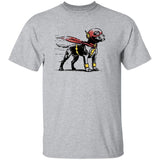 Gray t-shirt with a graphic of a dog dressed as The Flash on a white background
