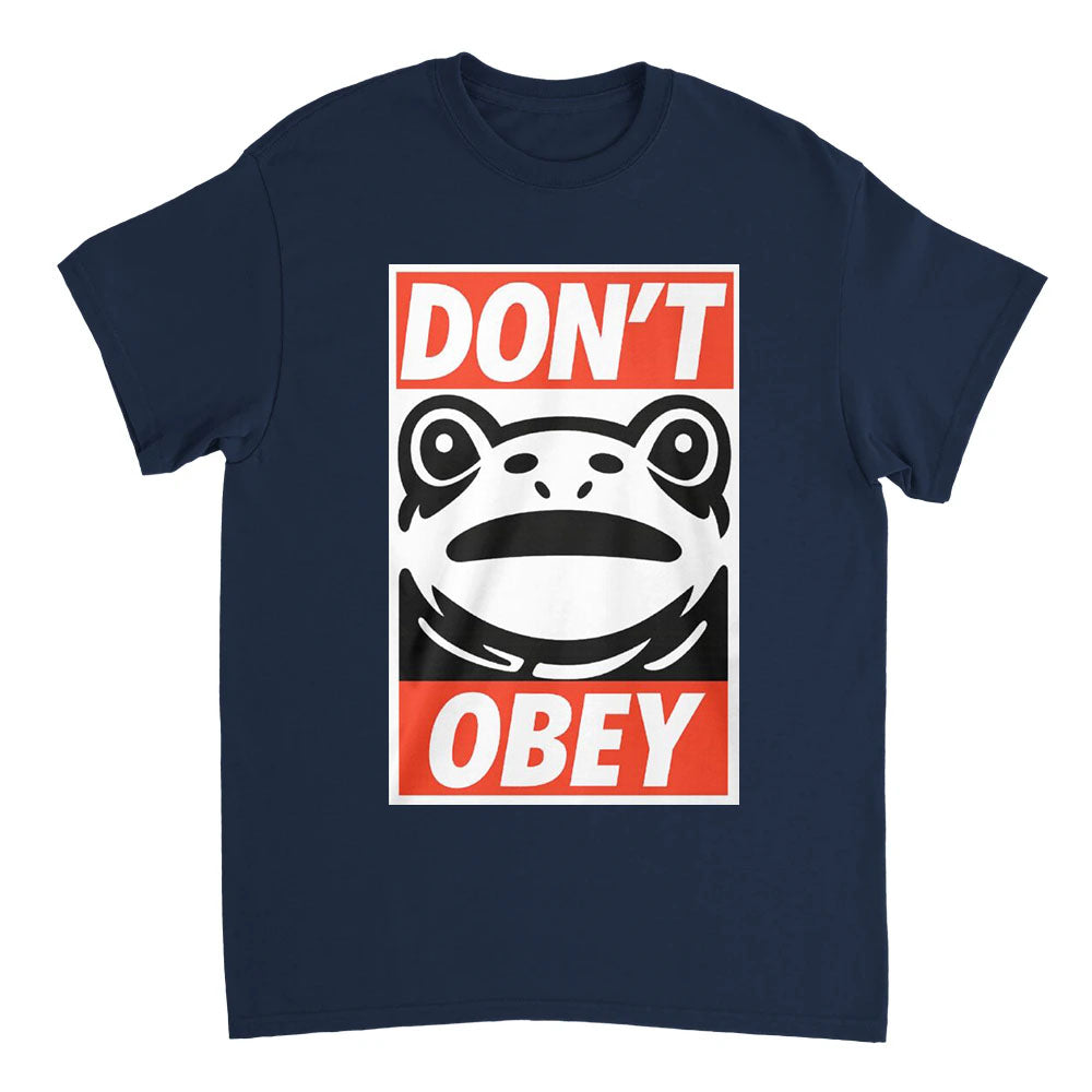 Navy blue t-shirt with a graphic design featuring a frog and text on a white background