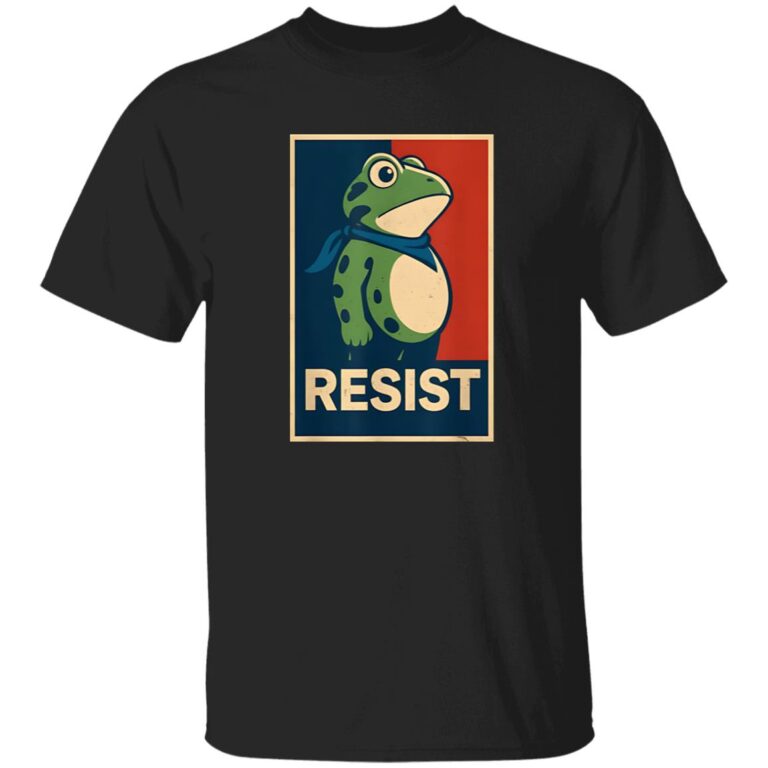 Black t-shirt with a graphic of a frog and 'RESIST' text on a red and blue background.