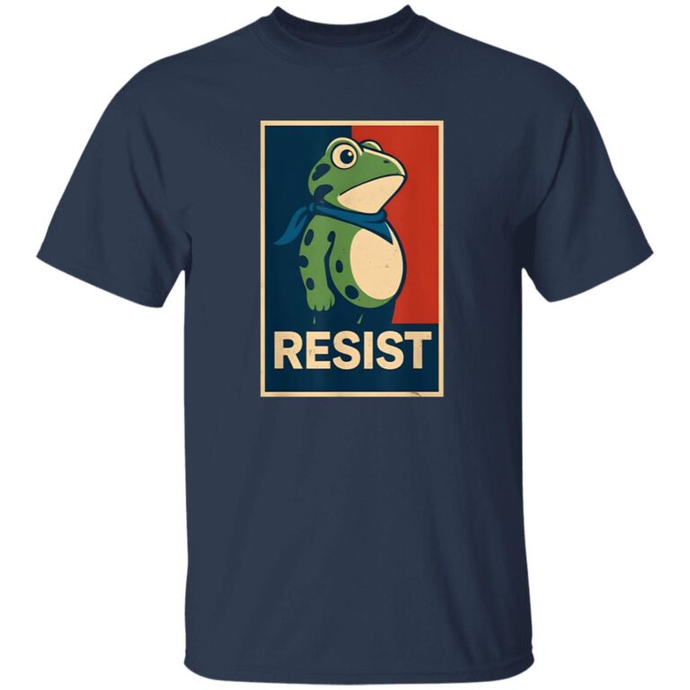 Navy blue t-shirt with a graphic of a frog and 'RESIST' text on a red and blue background.