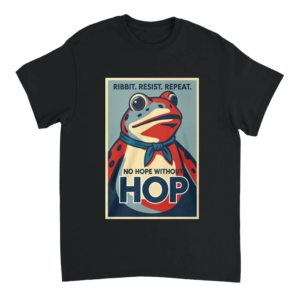 Black t-shirt with a colorful frog graphic and text on a white background