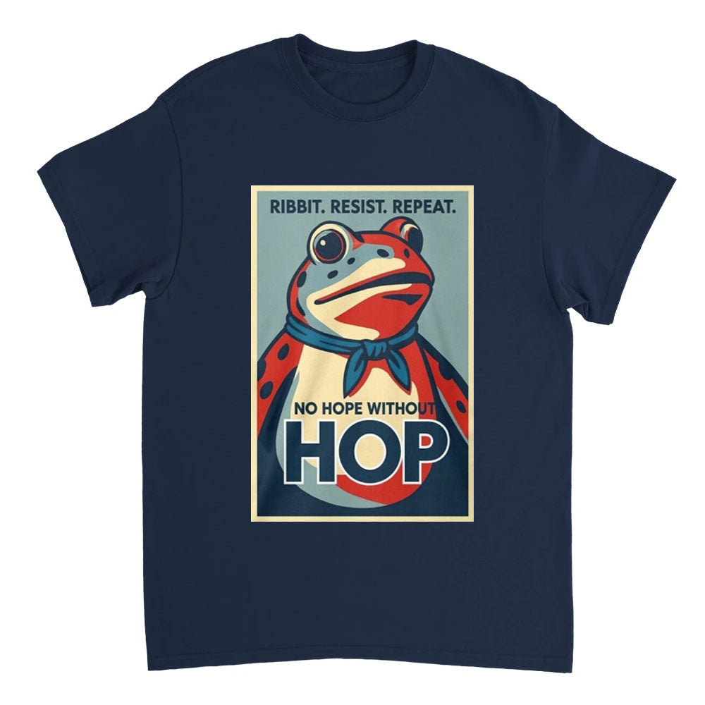 Navy blue t-shirt with a graphic of a frog and text on a white background