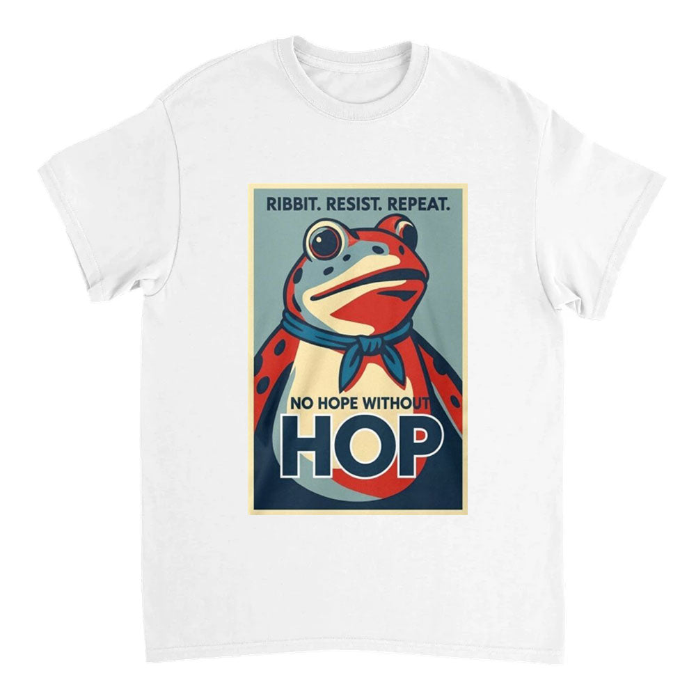 White t-shirt with a graphic of a frog and text on a white background