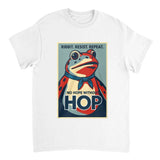 White t-shirt with a graphic of a frog and text on a white background