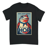 Black t-shirt with a colorful frog graphic and text on a white background