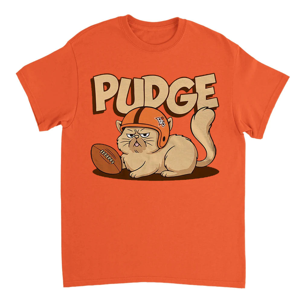 Orange t-shirt with a cartoon dog wearing a football helmet and holding a football, labeled 'Pudge'.