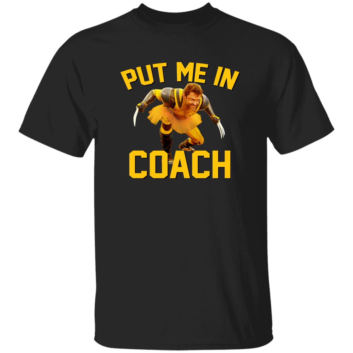 Black t-shirt with a graphic of a character and 'Put Me In Coach' text on a white background