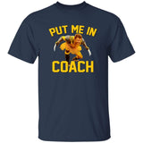 Navy blue t-shirt with a graphic of a character in a yellow outfit and text 'PUT ME IN COACH' on a white background.