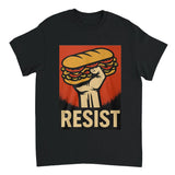 Black t-shirt with a graphic of a hand holding a sandwich and the word 'RESIST' on a red background.