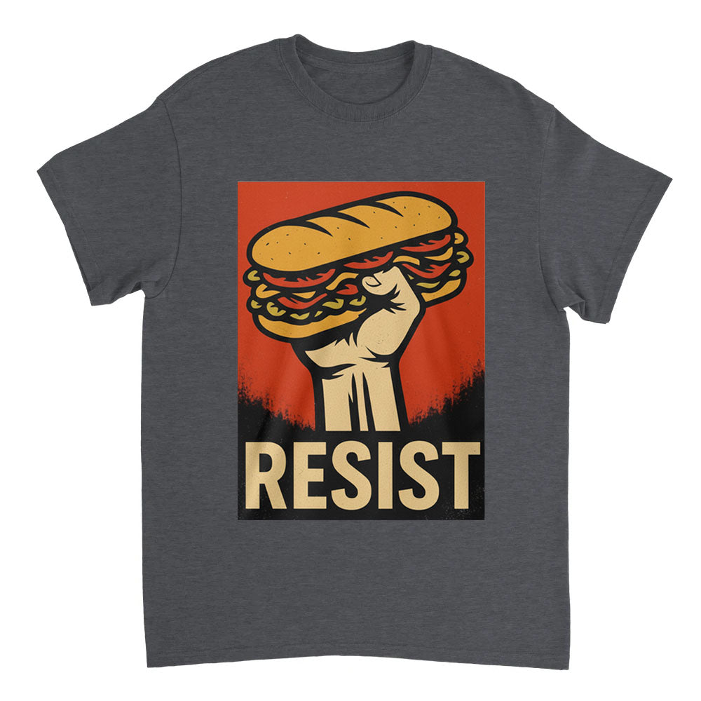 Gray t-shirt with a graphic of a hand holding a sandwich and the word 'RESIST' on a red background.