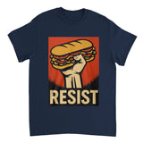 Navy blue t-shirt with a graphic of a hand holding a sandwich and the word 'RESIST' on a red background.