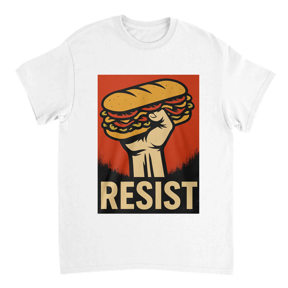 White t-shirt with a graphic of a hand holding a sandwich and the word 'RESIST' on a red background.