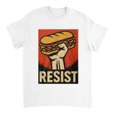 White t-shirt with a graphic of a hand holding a sandwich and the word 'RESIST' on a red background.