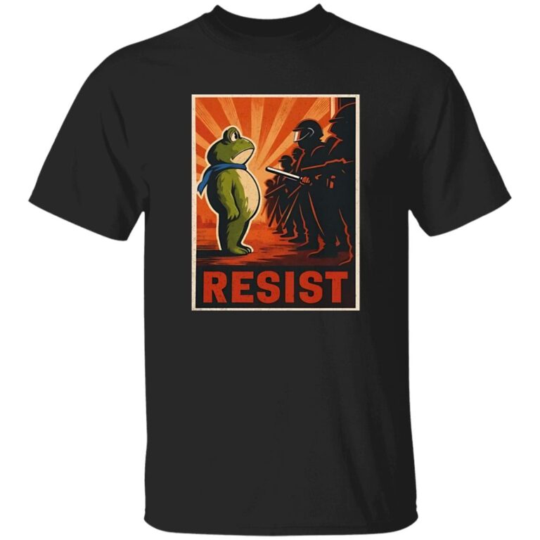Black t-shirt with a graphic design featuring a bear and a silhouette with 'RESIST' text on an orange background.