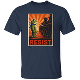 Navy blue t-shirt with a graphic of a bear and a silhouette with 'RESIST' text on an orange background.