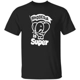 Black t-shirt with white graphic and text 'Rhodesia is Super' on a white background