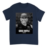 Navy blue t-shirt with a graphic of Greg Biffle and text on a white background