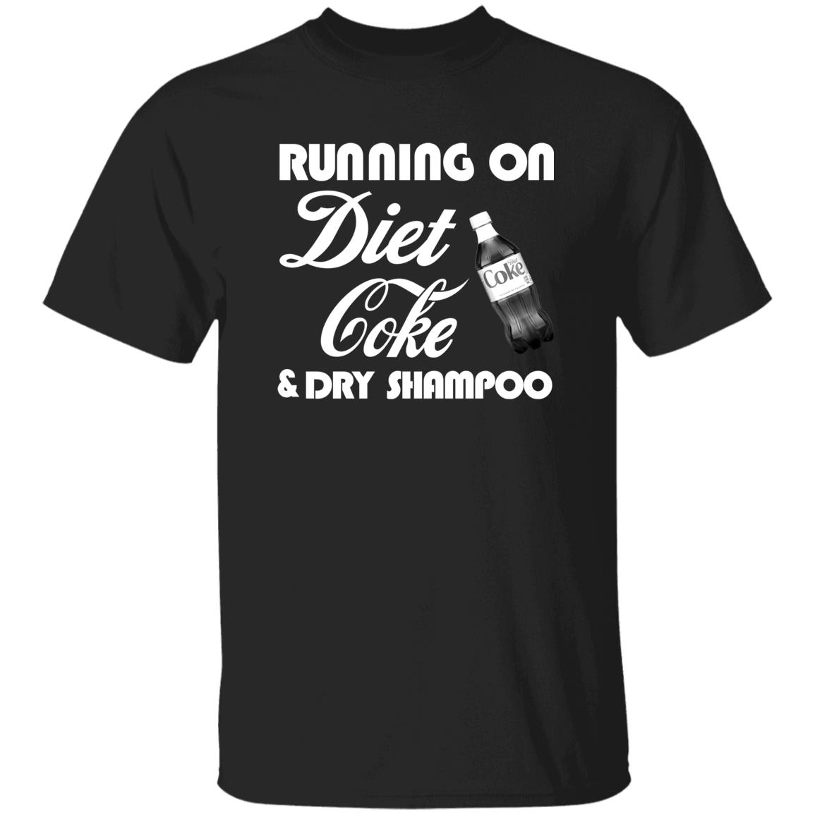 Black t-shirt with 'Running on Diet Coke & Dry Shampoo' text and Diet Coke logo.