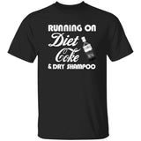 Black t-shirt with 'Running on Diet Coke & Dry Shampoo' text and Diet Coke logo.