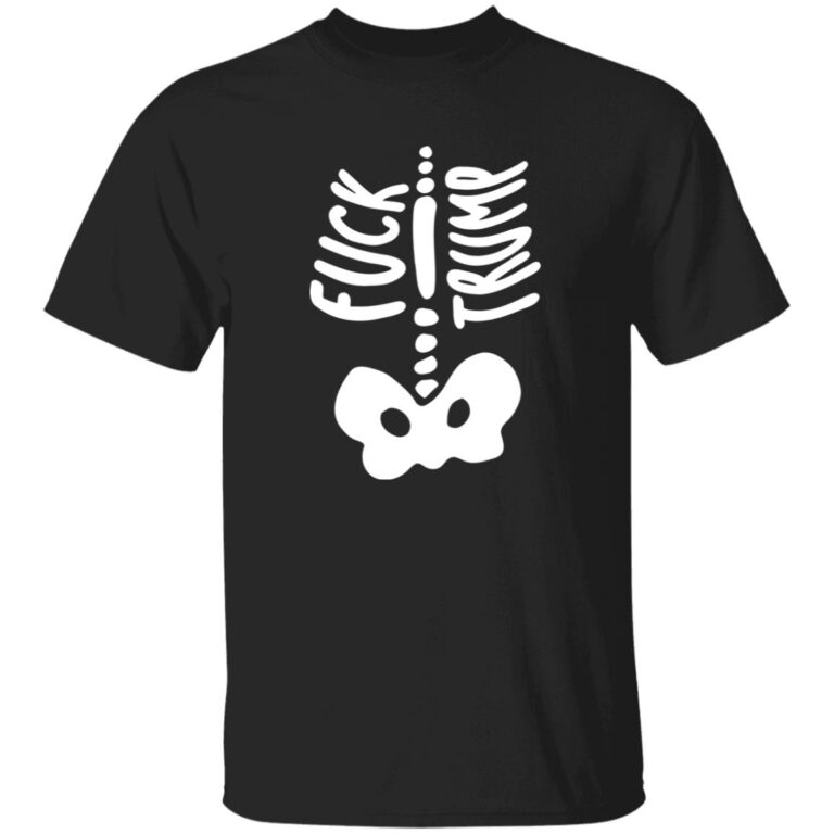 Black t-shirt with white skeleton design and text on a white background