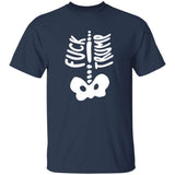 Navy blue t-shirt with white skeleton design and text on a white background