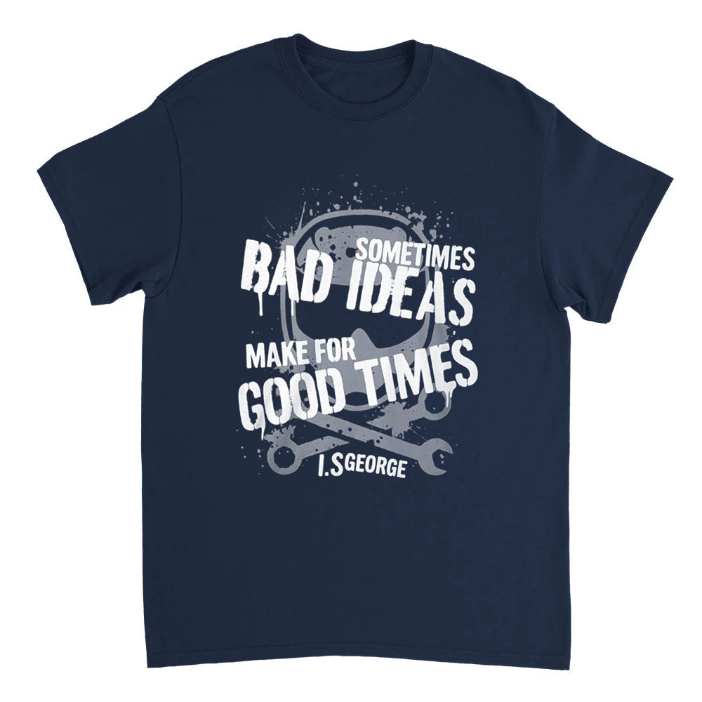 Navy blue t-shirt with white text and graphic design on a white background