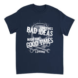 Navy blue t-shirt with white text and graphic design on a white background