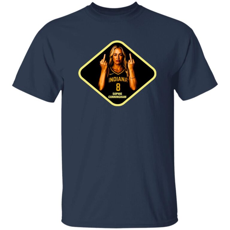 Navy blue t-shirt with a graphic of a person in a yellow diamond shape on a white background